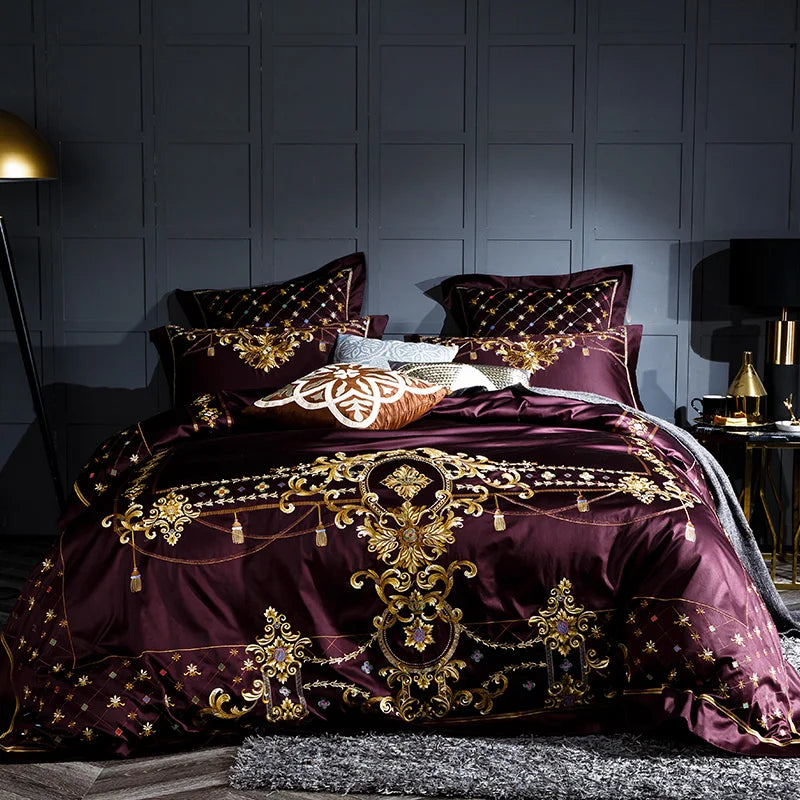 Golden Embroidery Royal Lace Bedding Luxurious Egyptian Cotton Soft Bed Sheet