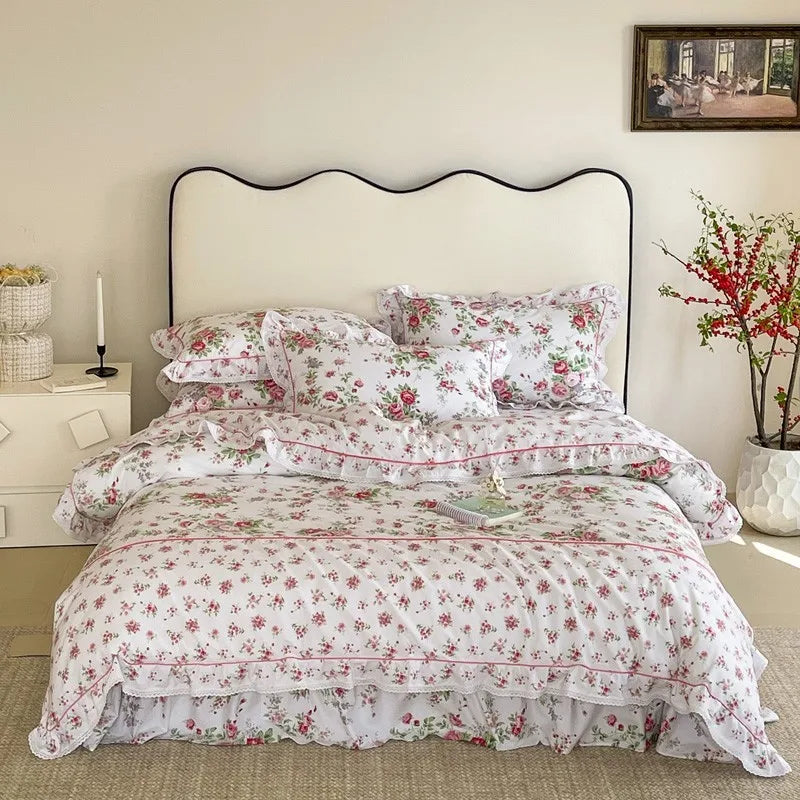 Cotton Floral Ruffle Duvet Cover Set - Pink