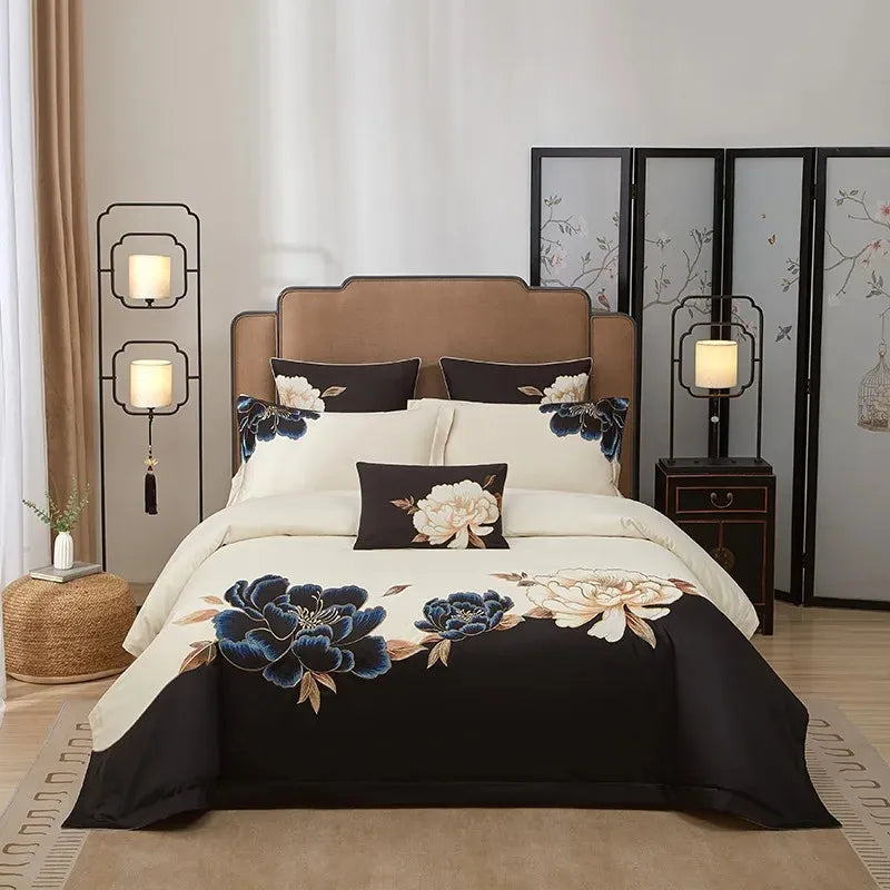 Egyptian Cotton Embroidered Patchwork Bedding Set - Black
