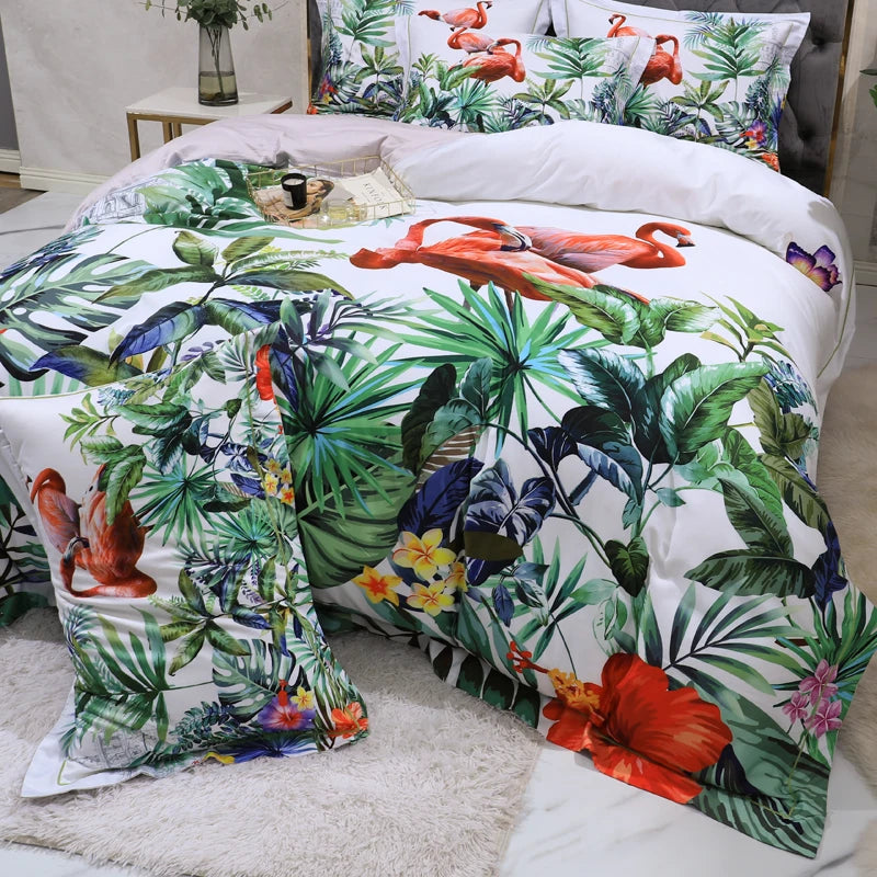 THL1068 Luxury Egyptian Cotton Bed Sheet with Elegant Birds and Flowers Leaf Design (H)
