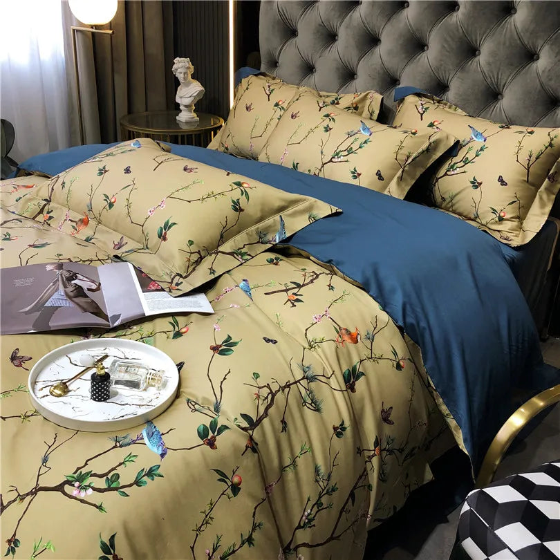 THL1068 Luxury Egyptian Cotton Bed Sheet with Elegant Birds and Flowers Leaf Design (B)