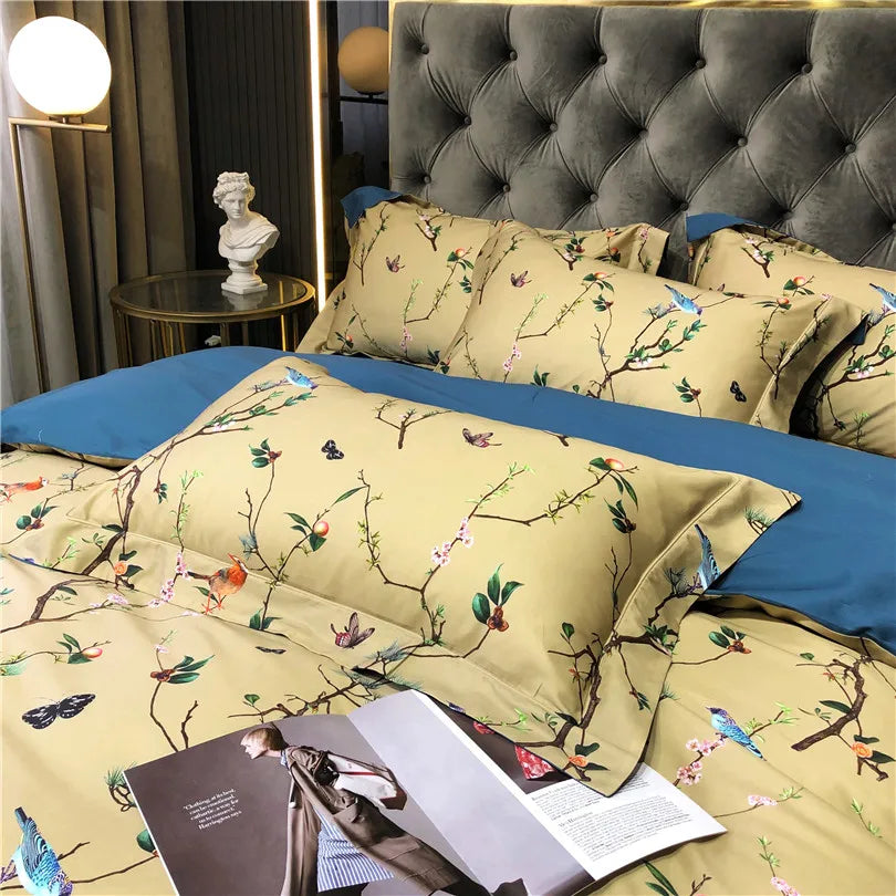 THL1068 Luxury Egyptian Cotton Bed Sheet with Elegant Birds and Flowers Leaf Design (B)