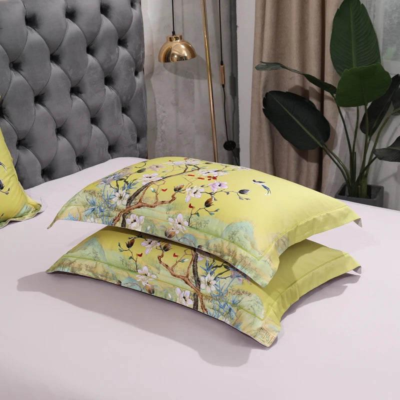 THL1068 Luxury Egyptian Cotton Bed Sheet with Elegant Birds and Flowers Leaf Design (E)