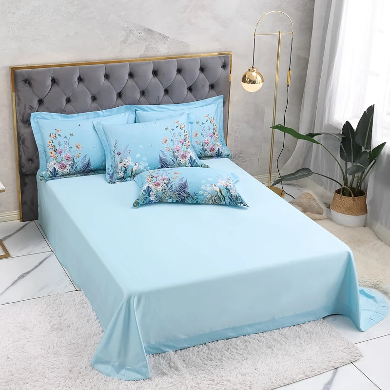 THL1069 Luxury Egyptian Cotton Bed Sheet with Elegant Birds and Flowers Leaf Design (A)