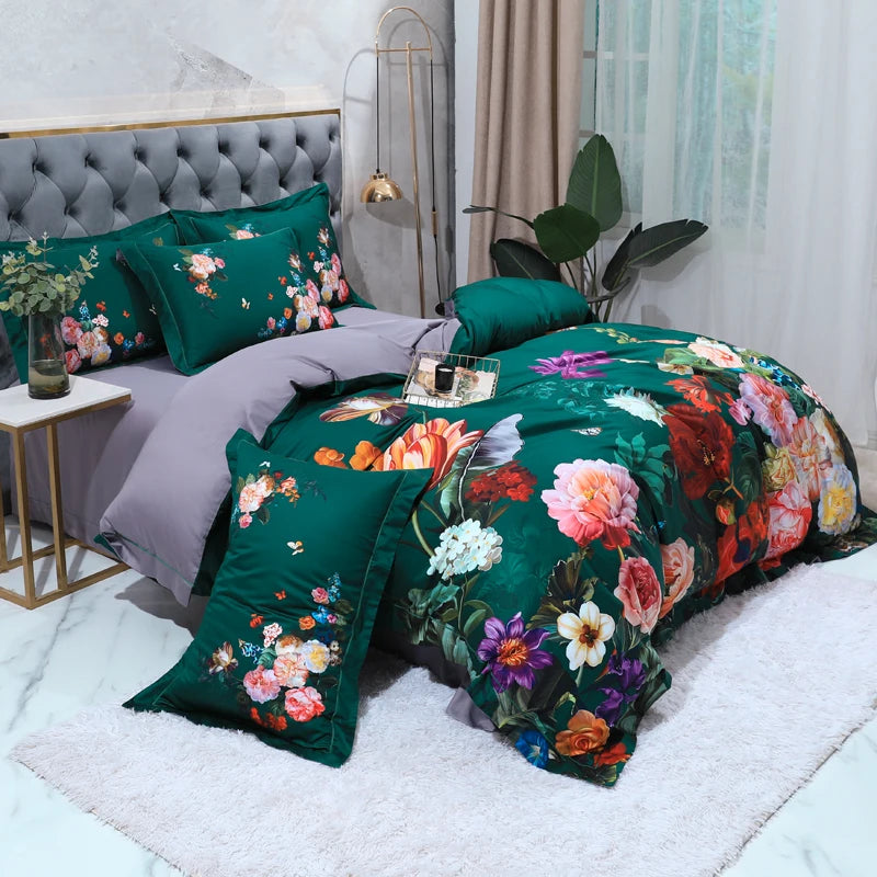 THL1068 Luxury Egyptian Cotton Bed Sheet with Elegant Birds and Flowers Leaf Design (F)