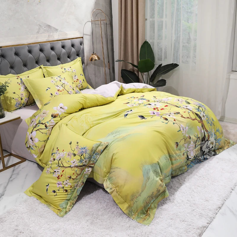 THL1068 Luxury Egyptian Cotton Bed Sheet with Elegant Birds and Flowers Leaf Design (E)