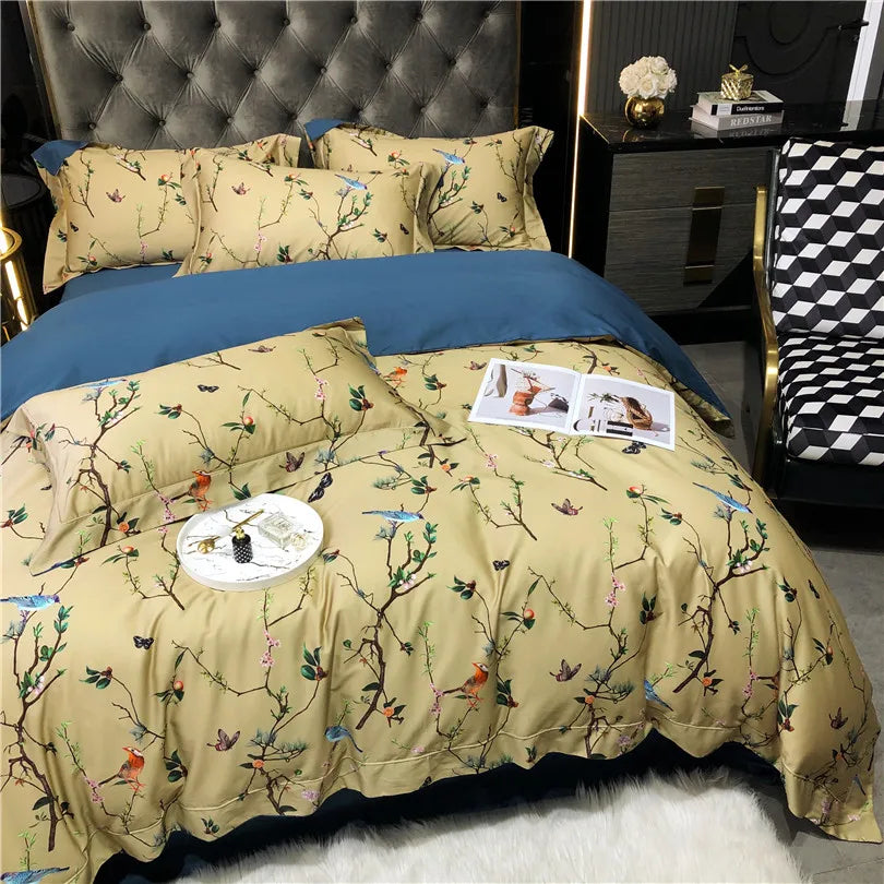 THL1068 Luxury Egyptian Cotton Bed Sheet with Elegant Birds and Flowers Leaf Design (B)