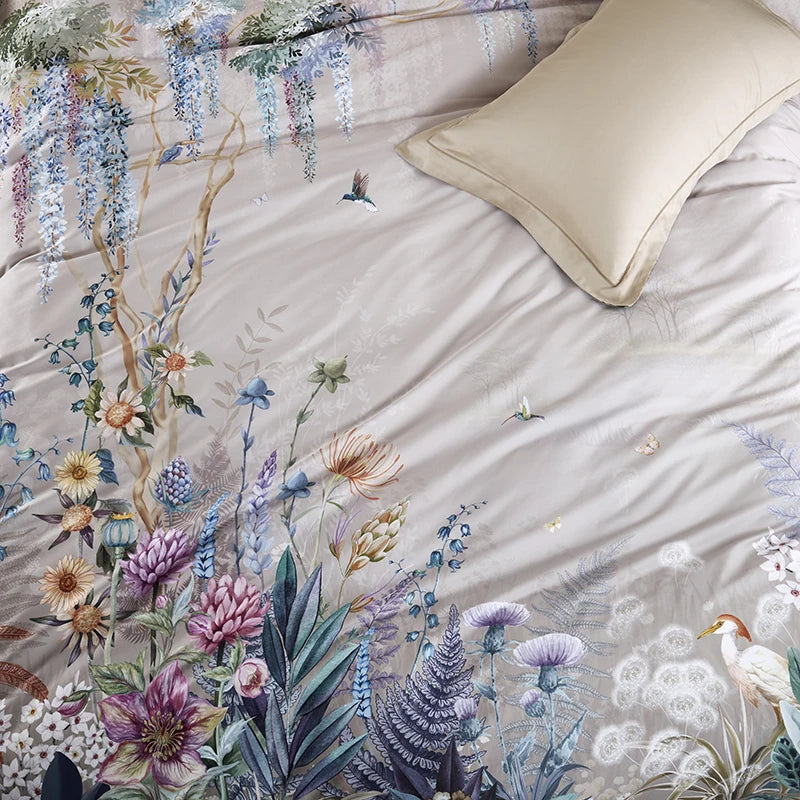 THL1068 Luxury Egyptian Cotton Bed Sheet with Elegant Birds and Flowers Leaf Design (A)