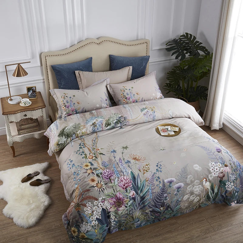THL1068 Luxury Egyptian Cotton Bed Sheet with Elegant Birds and Flowers Leaf Design (A)