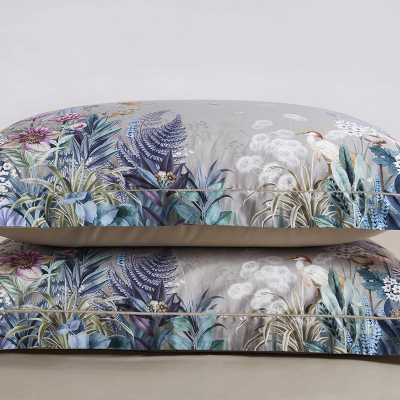 THL1068 Luxury Egyptian Cotton Bed Sheet with Elegant Birds and Flowers Leaf Design (A)