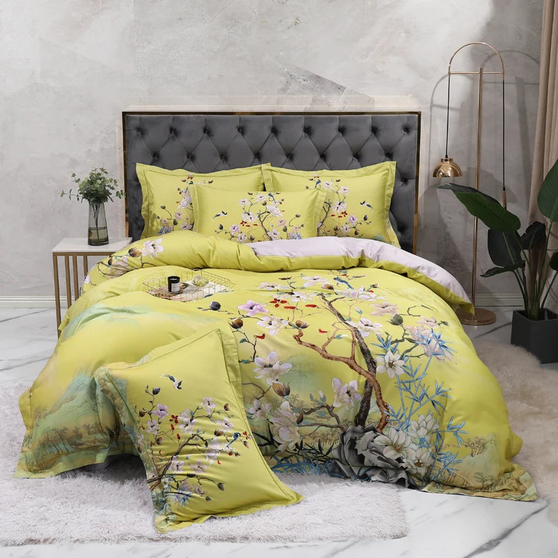 THL1068 Luxury Egyptian Cotton Bed Sheet with Elegant Birds and Flowers Leaf Design (E)