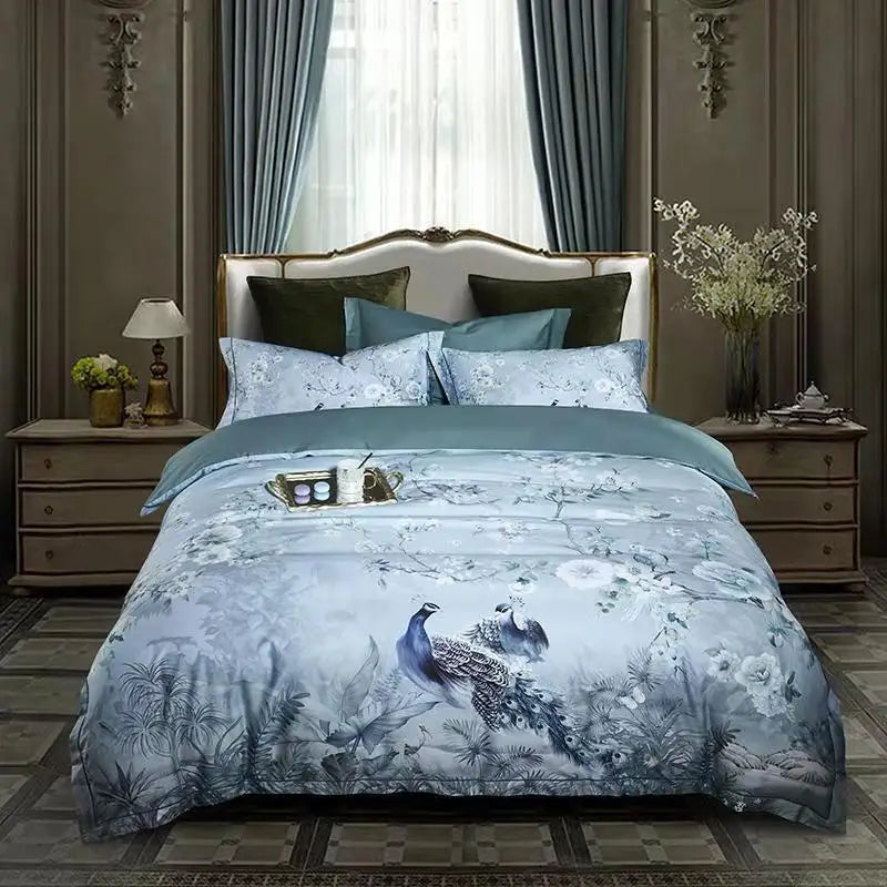 THL1068 Luxury Egyptian Cotton Bed Sheet with Elegant Birds and Flowers Leaf Design (C)