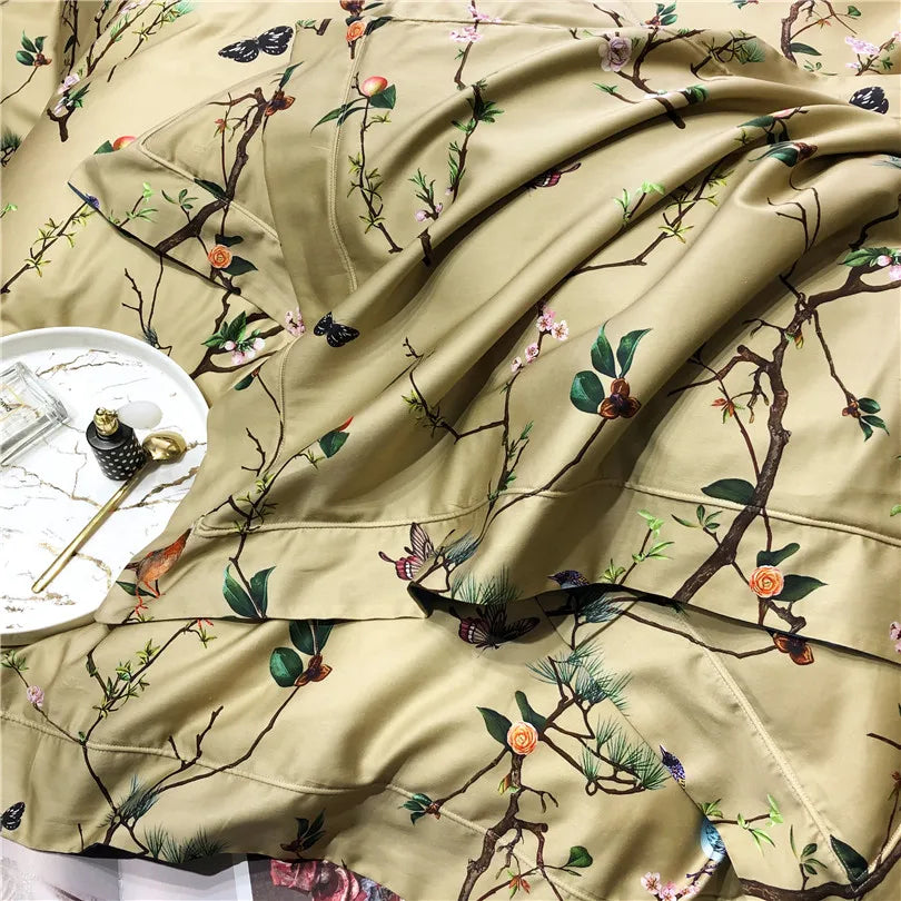 THL1068 Luxury Egyptian Cotton Bed Sheet with Elegant Birds and Flowers Leaf Design (B)