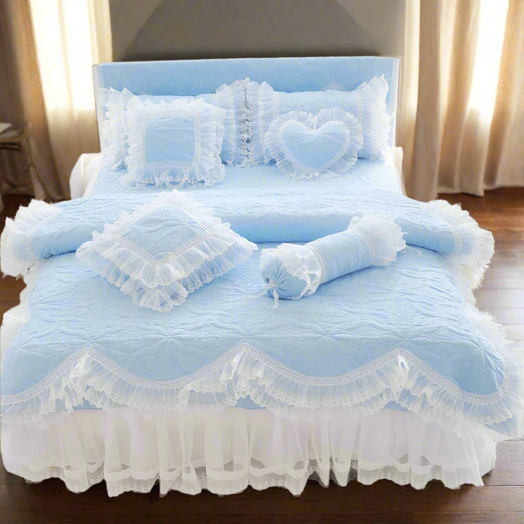 Quilt Lace Cotton Bedding Set King, Queen & Twin - Blue