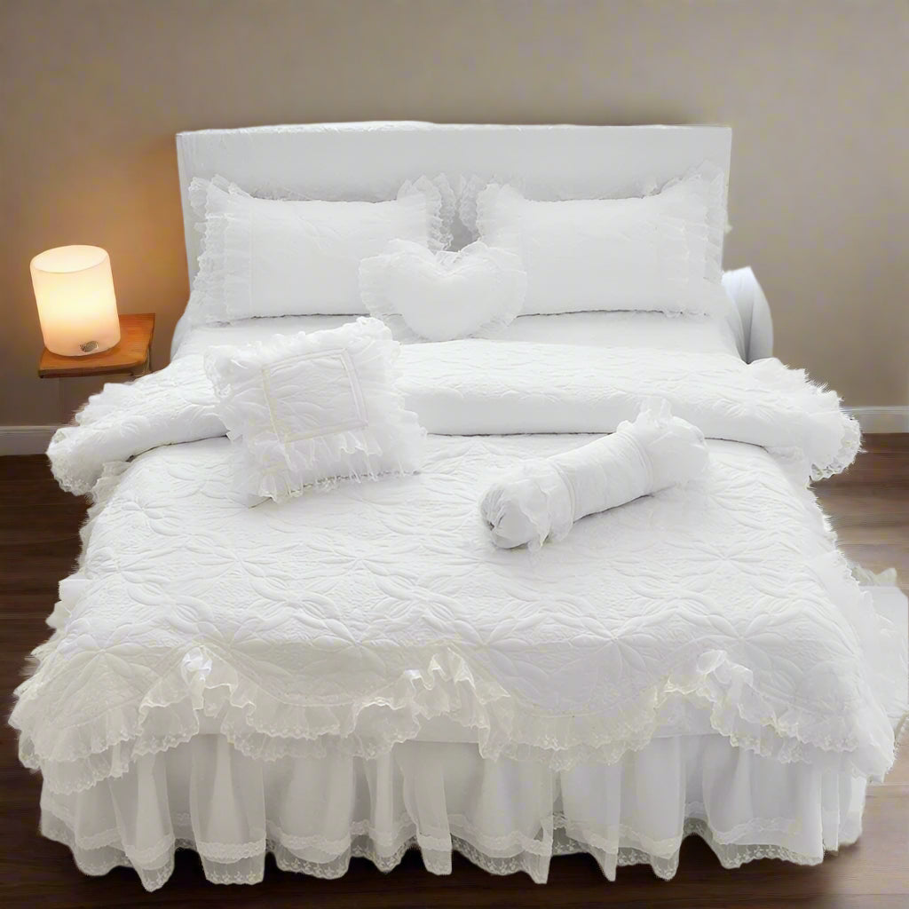 Quilt Lace Cotton Bedding Set King, Queen & Twin - White