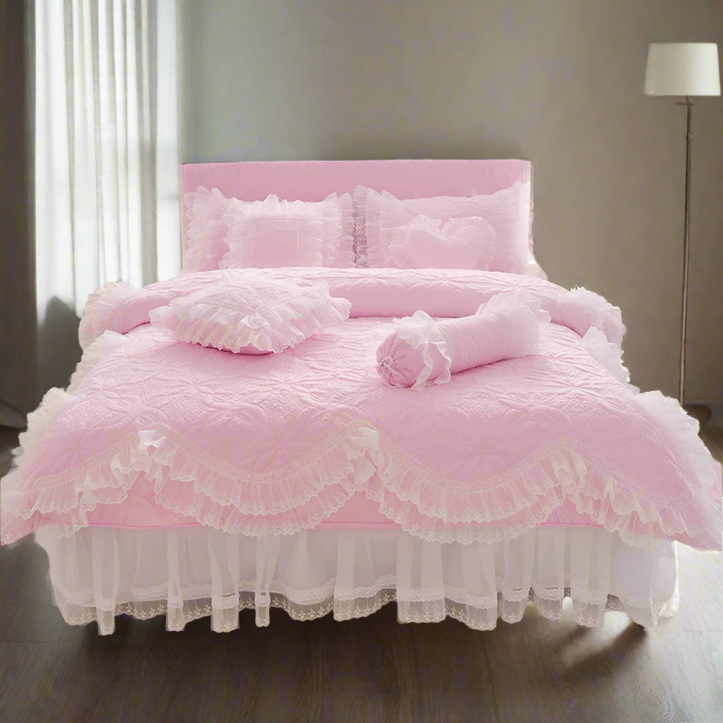 Quilt Lace Cotton Bedding Set King, Queen & Twin in Pink