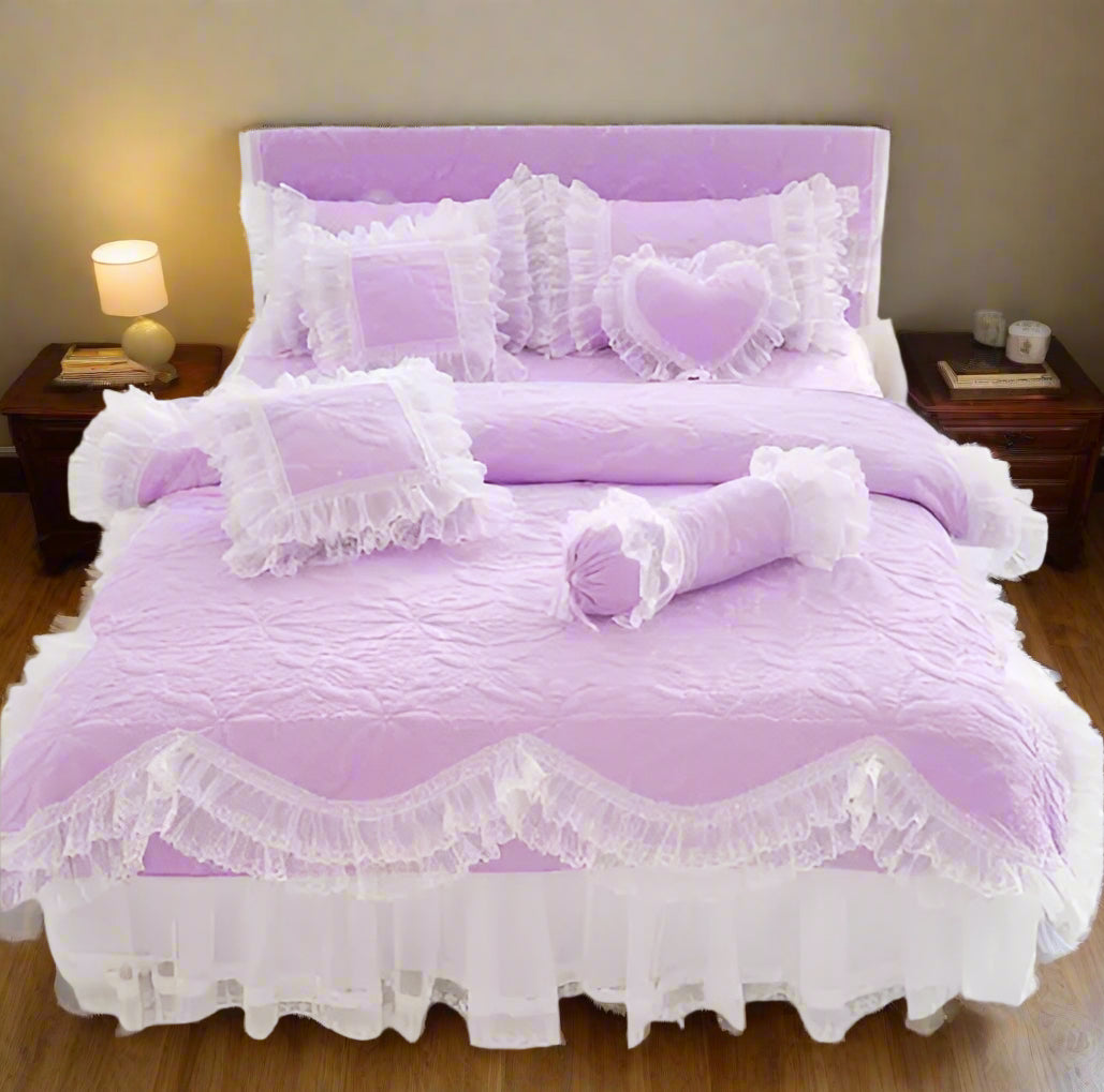 Quilt Lace Cotton Bedding Set King, Queen & Twin in Purple with duvet cover and pillow shams and frill lace