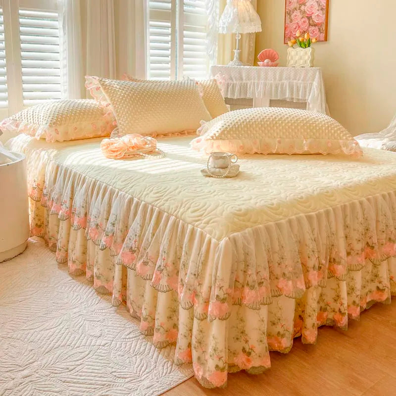 THL1167 Elegant Embroidery Lace Floral Ruffled Bed Skirt (B)