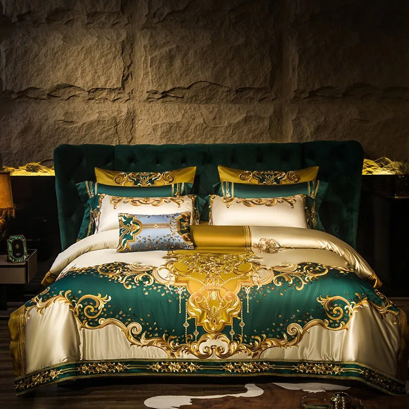 THL1152 Gold and Green Satin Embroidery Patchwork Duvet Cover Luxury Royal Bedding Sets