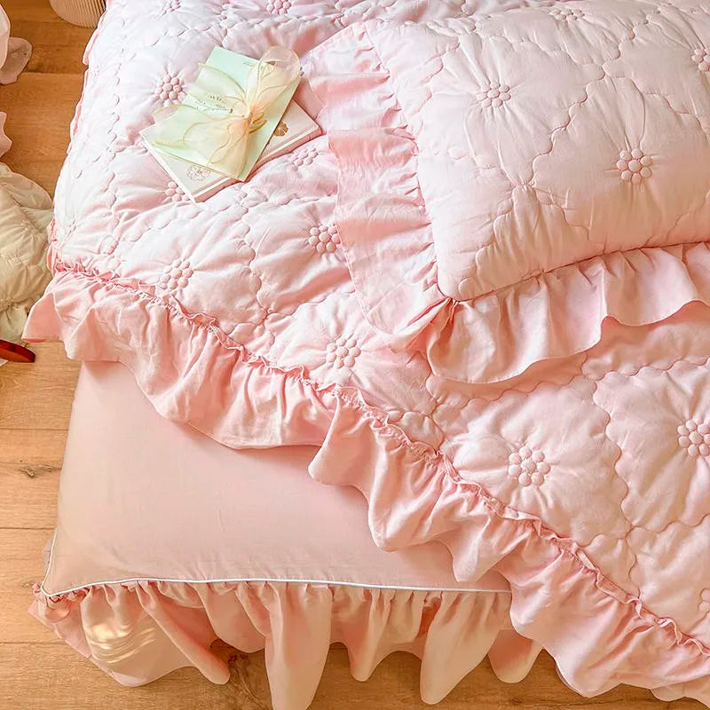 Parure de lit plissée texturée THL1032 100 % coton lavé Couette blanche à plis