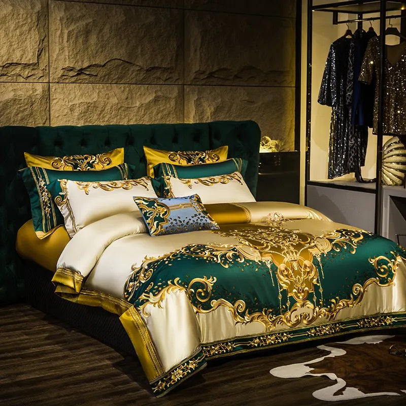 THL1152 Gold and Green Satin Embroidery Patchwork Duvet Cover Luxury Royal Bedding Sets