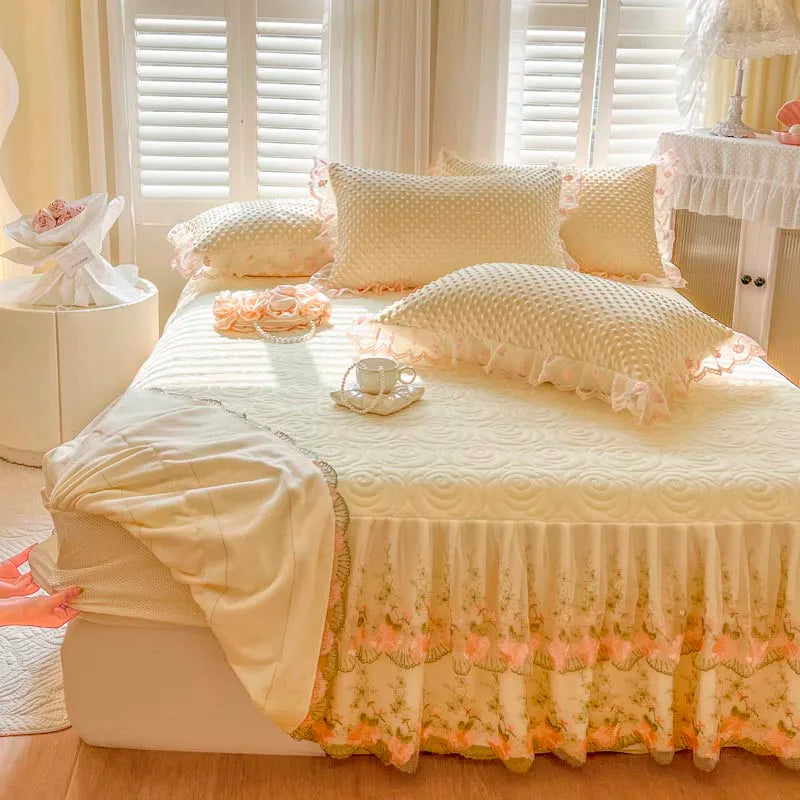 THL1167 Elegant Embroidery Lace Floral Ruffled Bed Skirt (B)