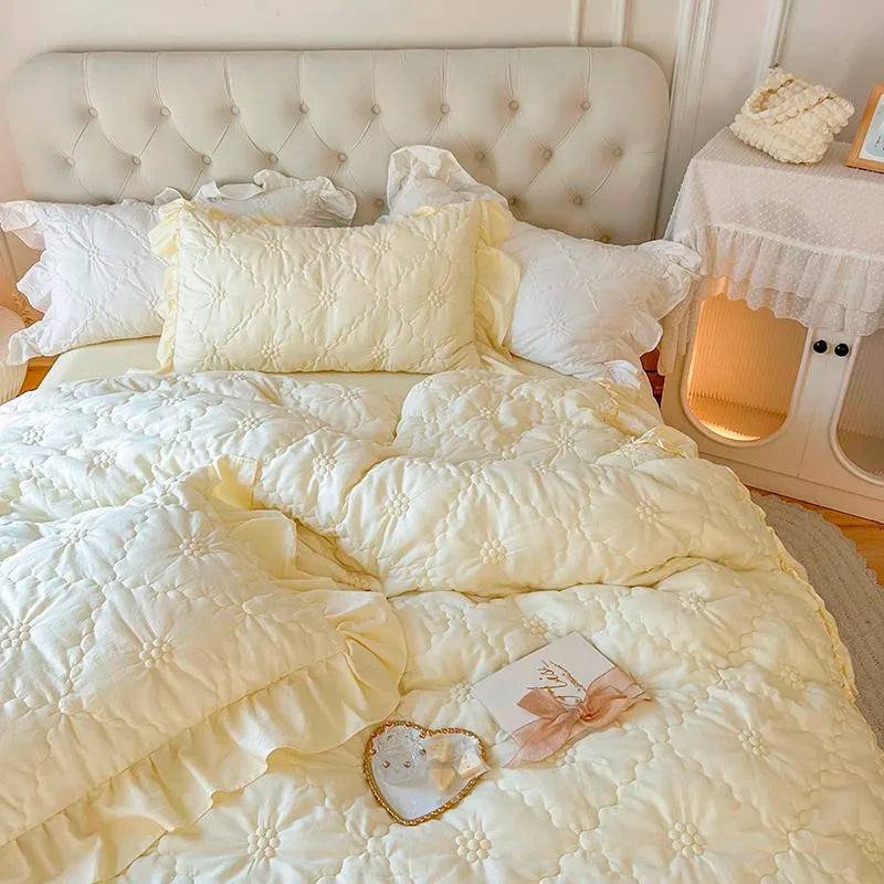 Parure de lit plissée texturée THL1032 100 % coton lavé Couette blanche à plis