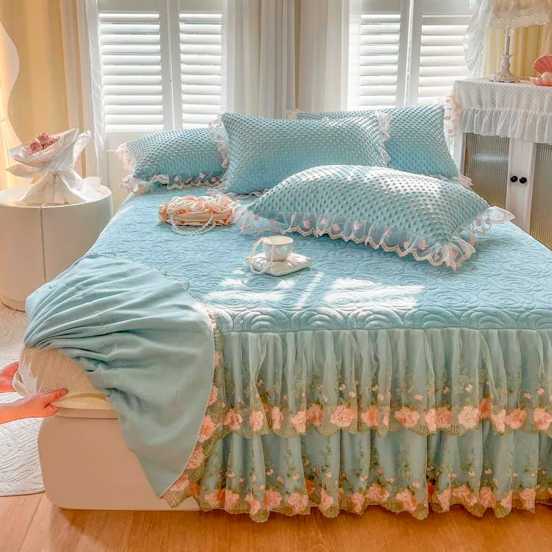 THL1167 Elegant Embroidery Lace Floral Ruffled Bed Skirt (D)