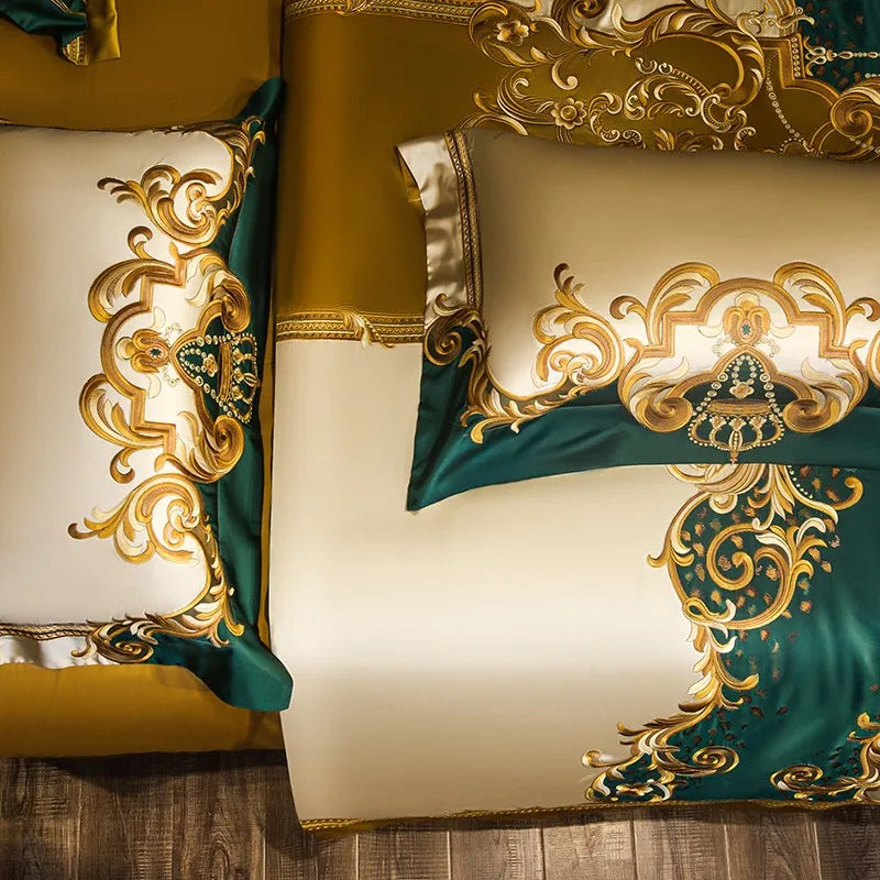 THL1152 Gold and Green Satin Embroidery Patchwork Duvet Cover Luxury Royal Bedding Sets