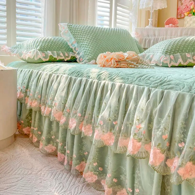 THL1167 Elegant Embroidery Lace Floral Ruffled Bed Skirt (E)