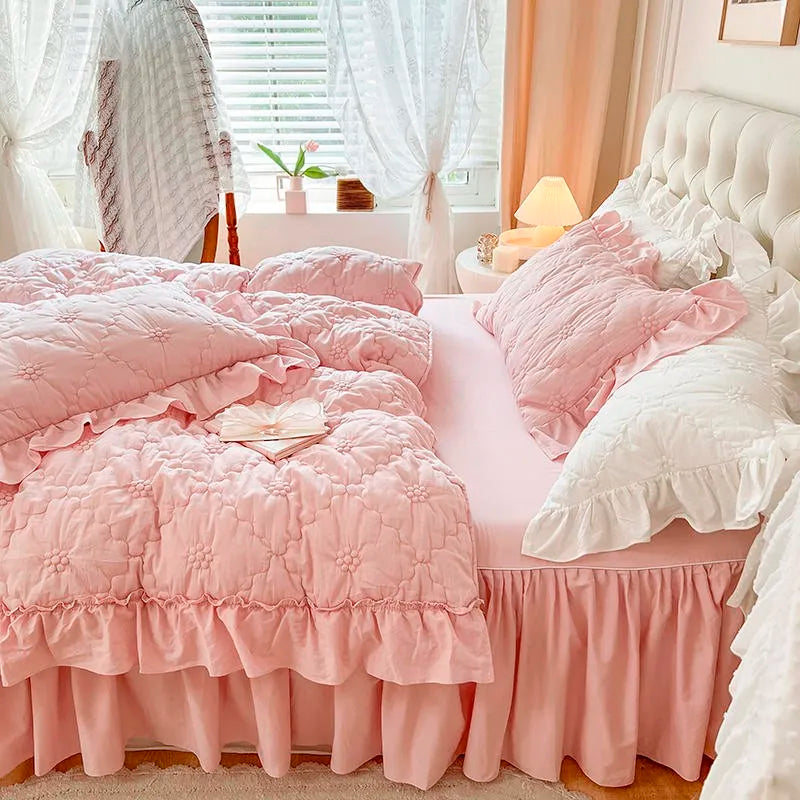 Parure de lit plissée texturée THL1032 100 % coton lavé Couette blanche à plis