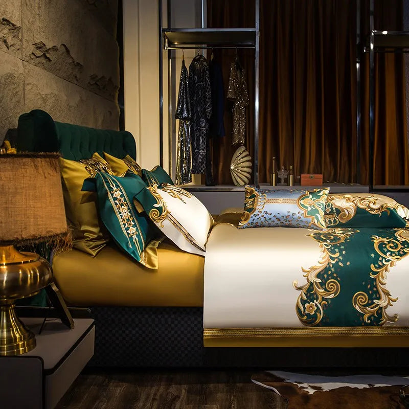 THL1152 Gold and Green Satin Embroidery Patchwork Duvet Cover Luxury Royal Bedding Sets