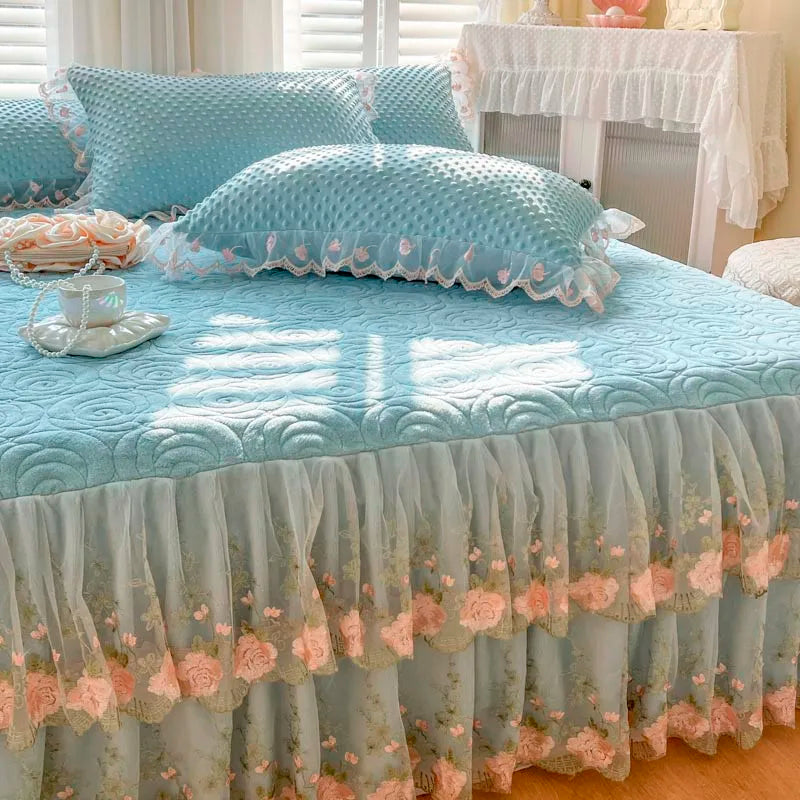 THL1167 Elegant Embroidery Lace Floral Ruffled Bed Skirt (D)