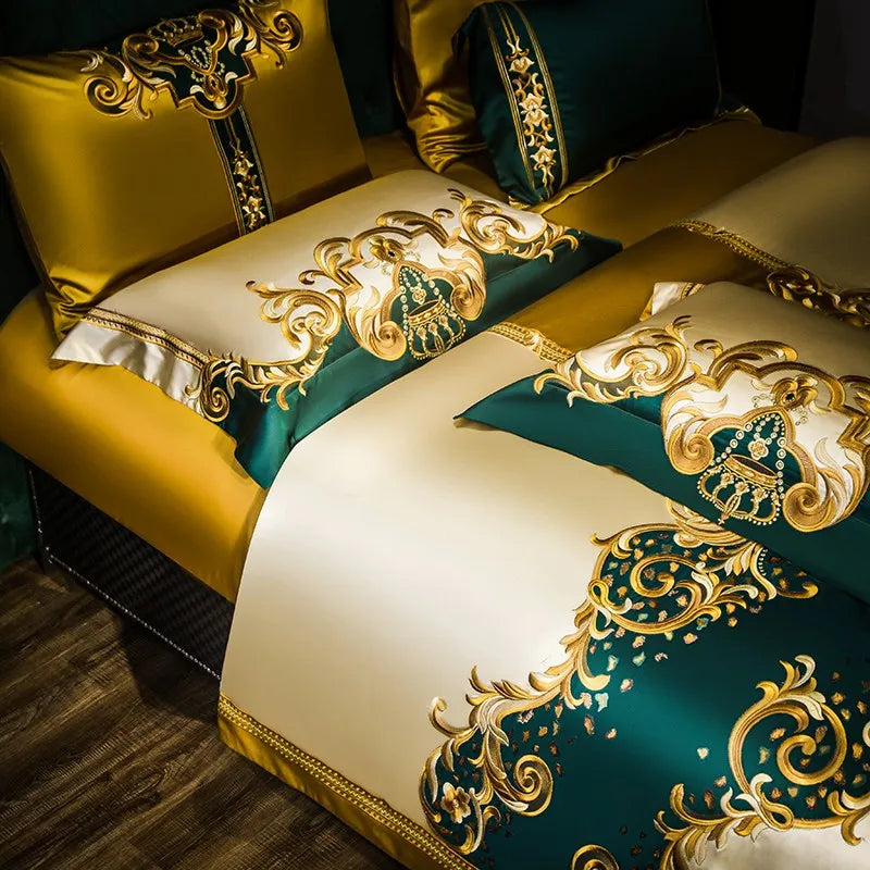 THL1152 Gold and Green Satin Embroidery Patchwork Duvet Cover Luxury Royal Bedding Sets