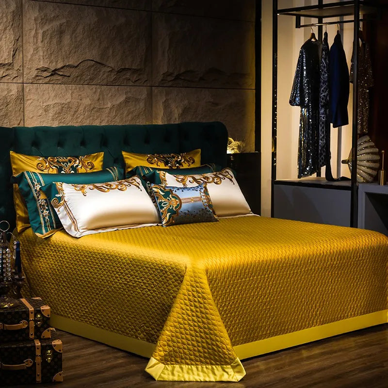 THL1152 Gold and Green Satin Embroidery Patchwork Duvet Cover Luxury Royal Bedding Sets