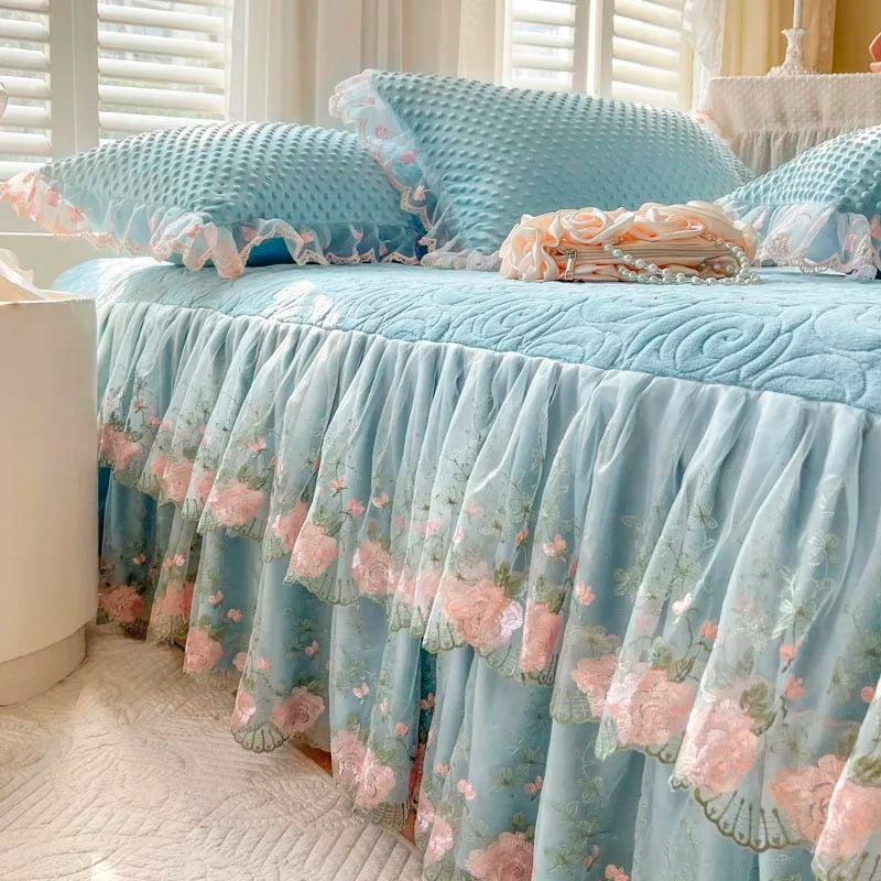 THL1167 Elegant Embroidery Lace Floral Ruffled Bed Skirt (D)