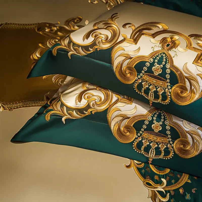 THL1152 Gold and Green Satin Embroidery Patchwork Duvet Cover Luxury Royal Bedding Sets