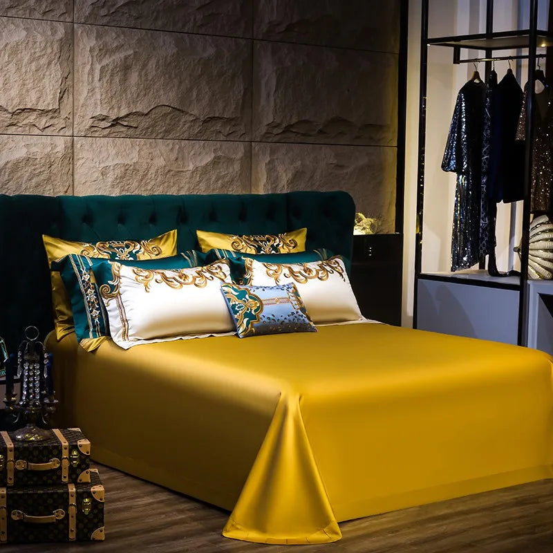 THL1152 Gold and Green Satin Embroidery Patchwork Duvet Cover Luxury Royal Bedding Sets
