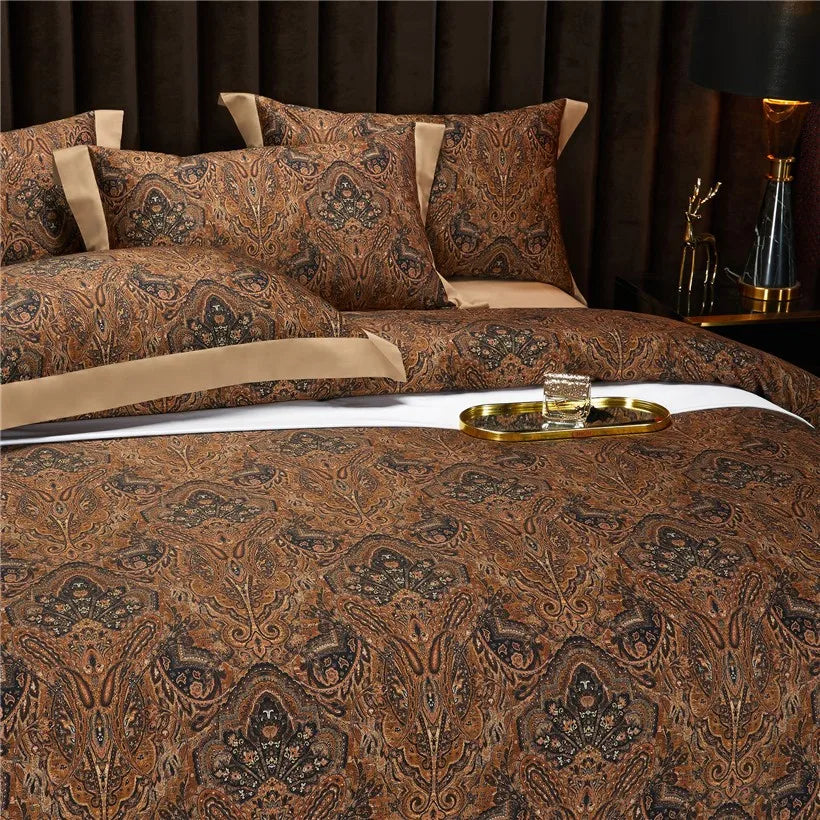 THL1042 Juego de funda nórdica estilo bohemio vintage, ropa de cama suave de algodón egipcio de lujo con sábanas elegantes