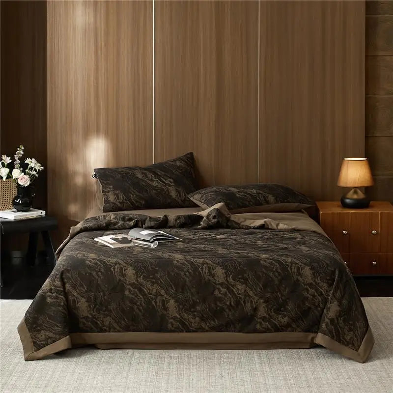 Textured marble print brown 100% cotton quilted blanket
