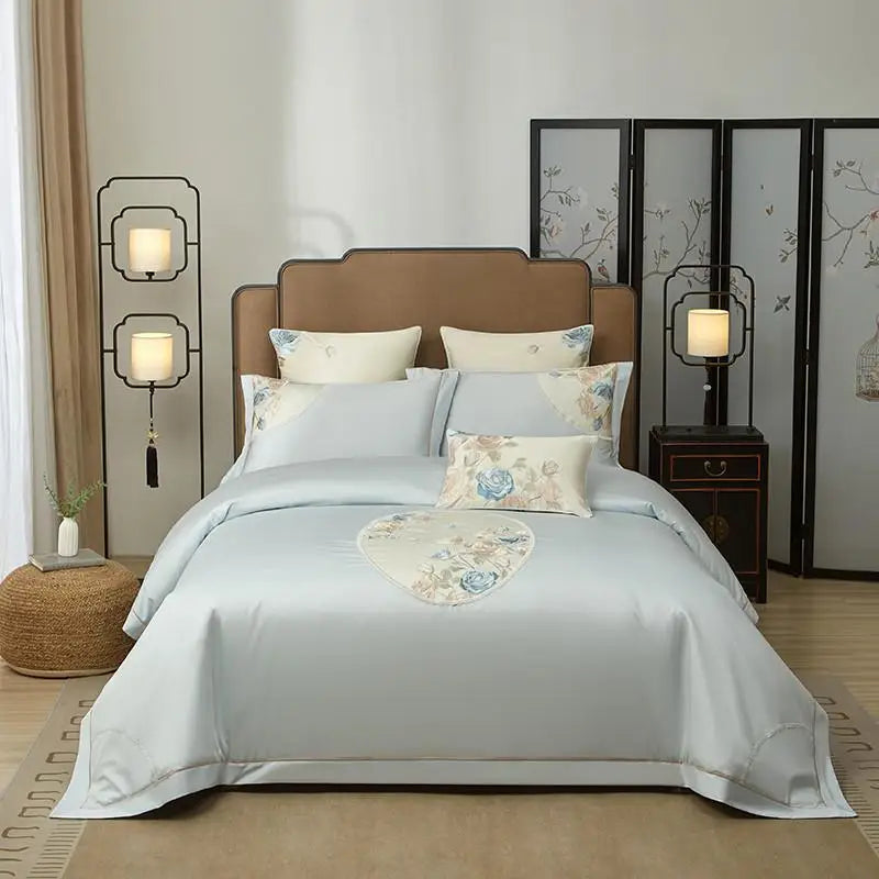 luxury bedding Egyptian Cotton Embroidered Patchwork Bedding Set - Blue