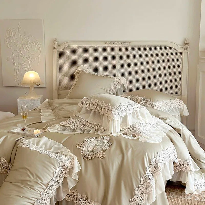 luxury bedding French Vintage 1000TC Cotton Ruffle Lace Bedding Set - Army Green