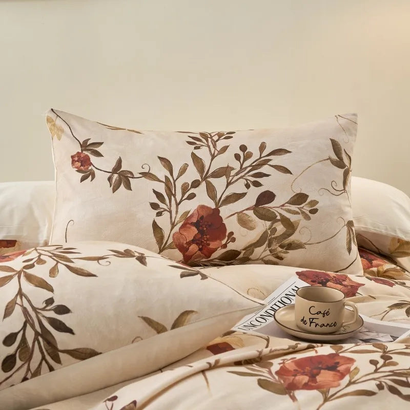 premium linen Ultra Soft 400TC Cotton Floral Printed Bedding Set - Beige