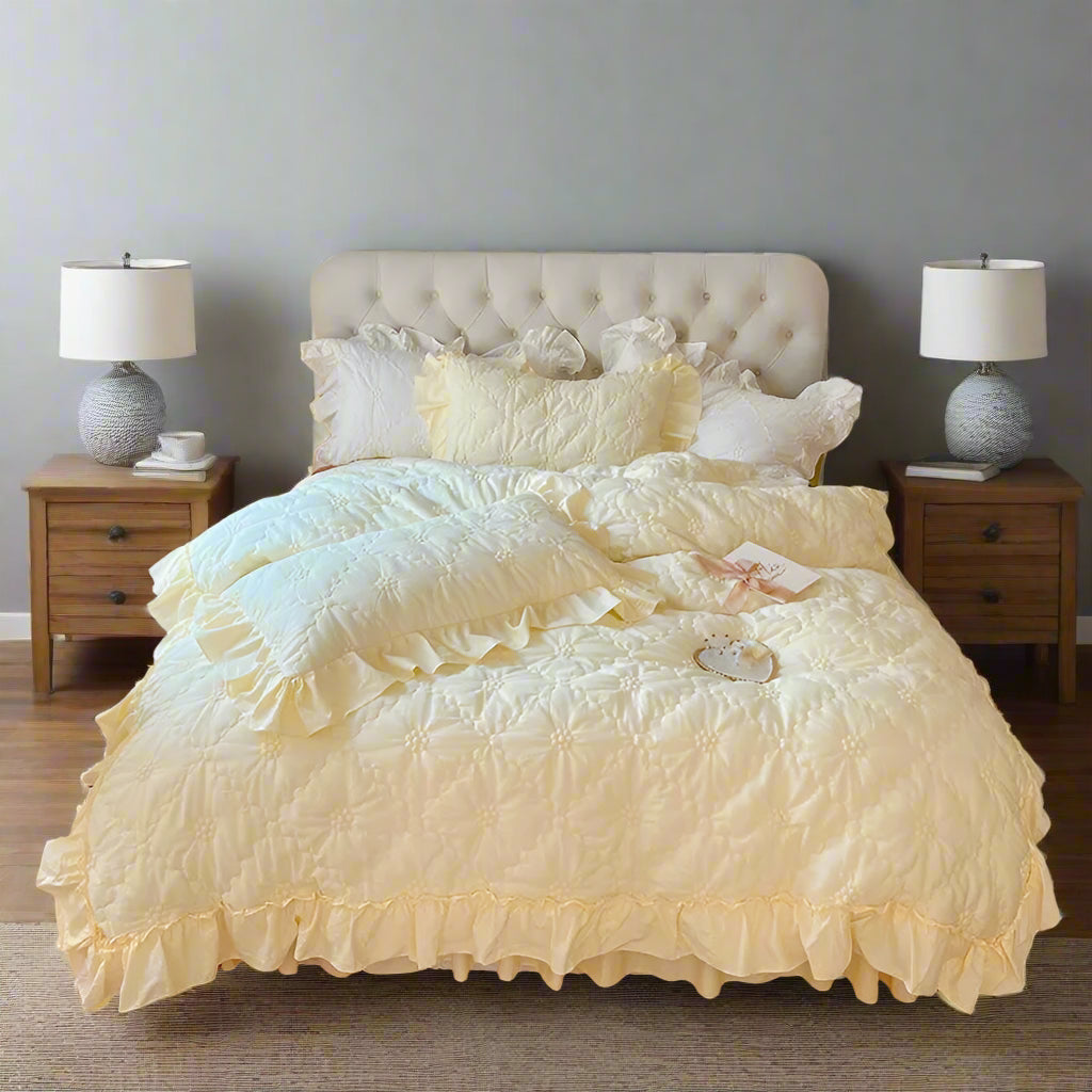 yellow Pinch Pleated Cotton Duvet Cover Set in Butter Yellow | Queen & King