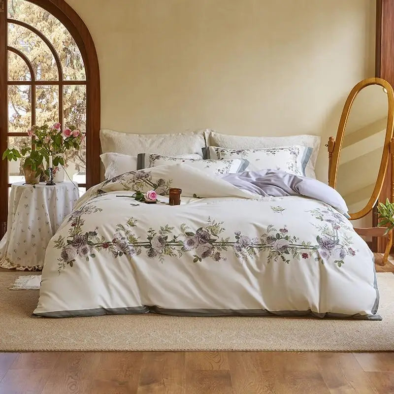 Cotton Stylish Princess Bedding Set Elegant Lace Ruffles and Floral Bedspread