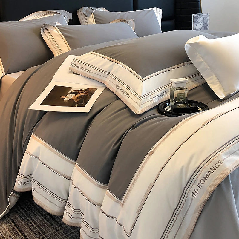 1000TC Gray Brushed Cotton Frame Bedding Set includes duvet cover, sheet and pillowcases