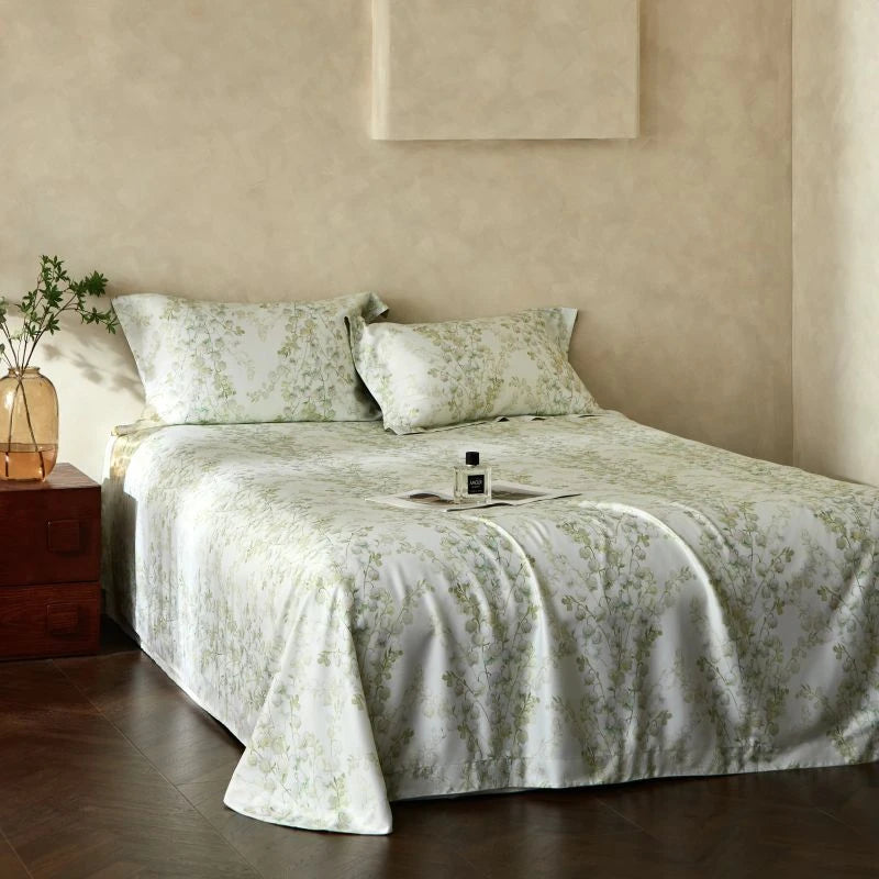 400TC Bohemian green floral minimal Lyocell Bed spread and pillowcases