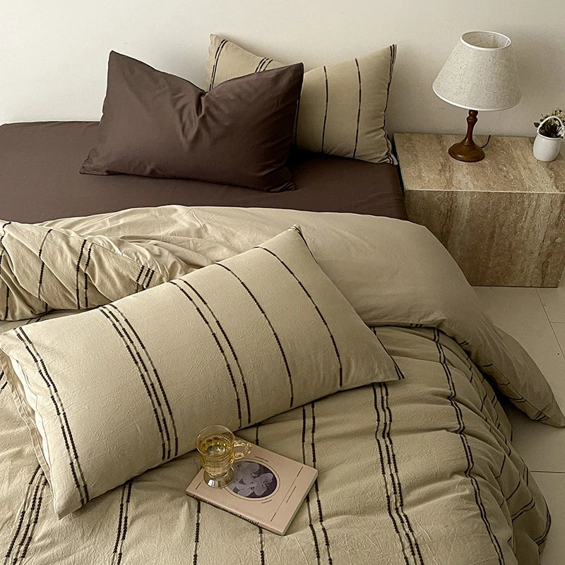 400TC Coffee Sheet with Beige Duvet cover Cotton Yarn-Dyed Stripe Bedding Set