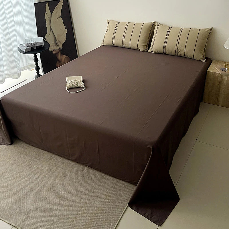 400TC Cotton Yarn-Dyed Coffee flat sheet with beige striped Duvet Cover 4Pcs at The Happy Ladies
