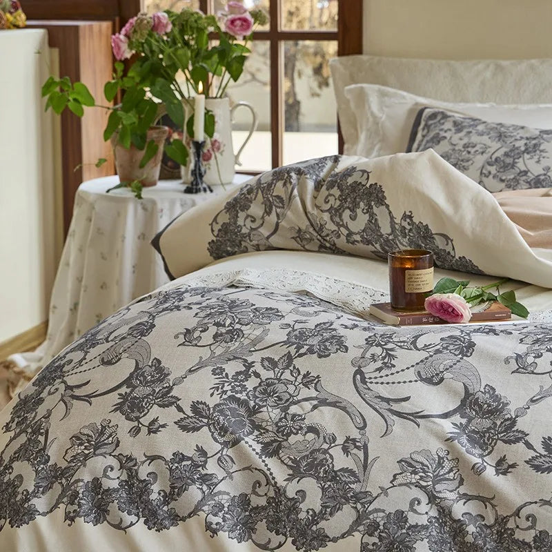 5-star hotel bedding Soft Cotton Floral Duvet Cover Set - Gray